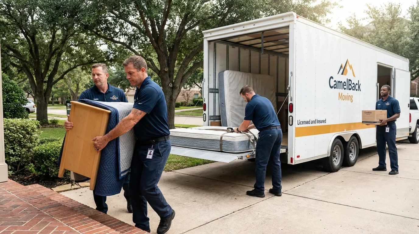 Crew loading residential truck for cross-state move from Lamont, CA