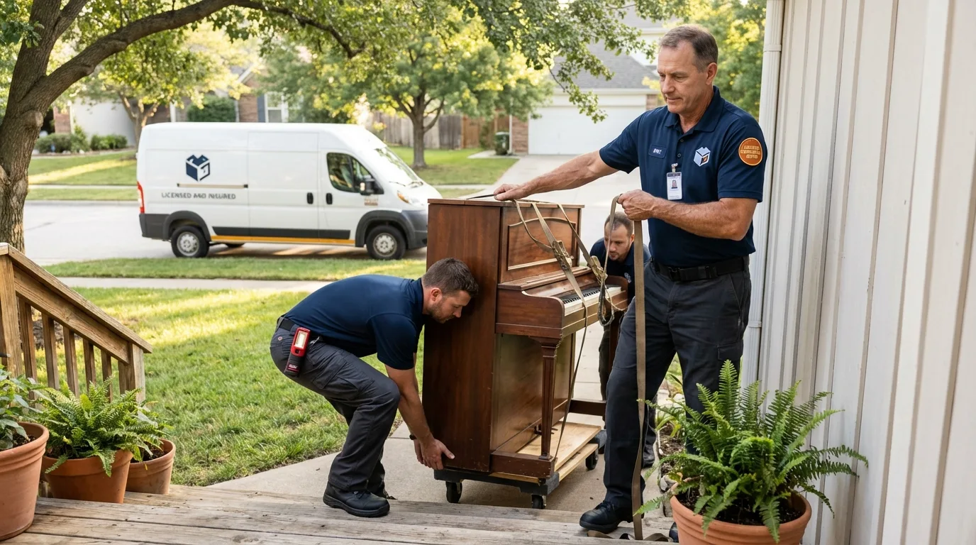 Licensed piano movers securing grand piano in Lamont, CA