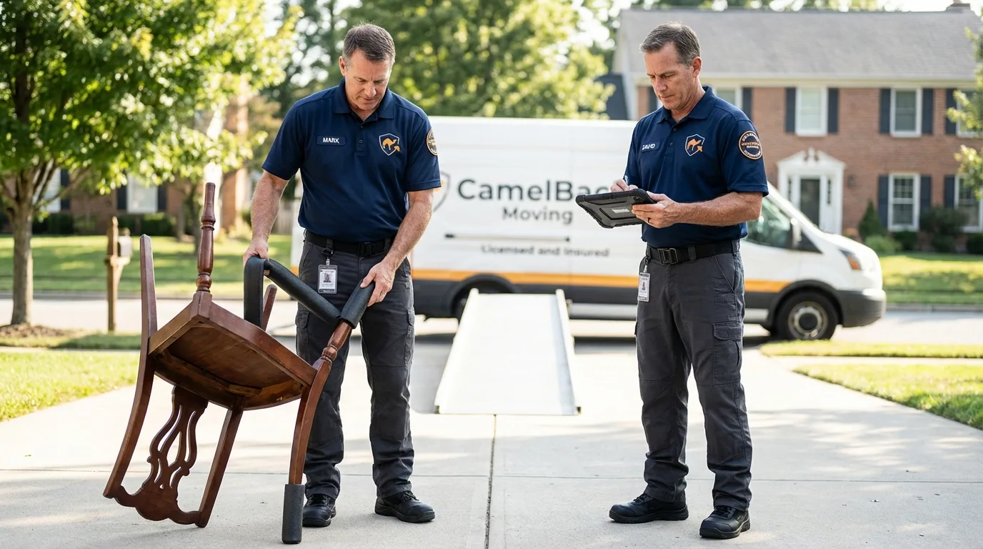 Movers inspecting furniture for damage prevention before loading in Lamont, CA