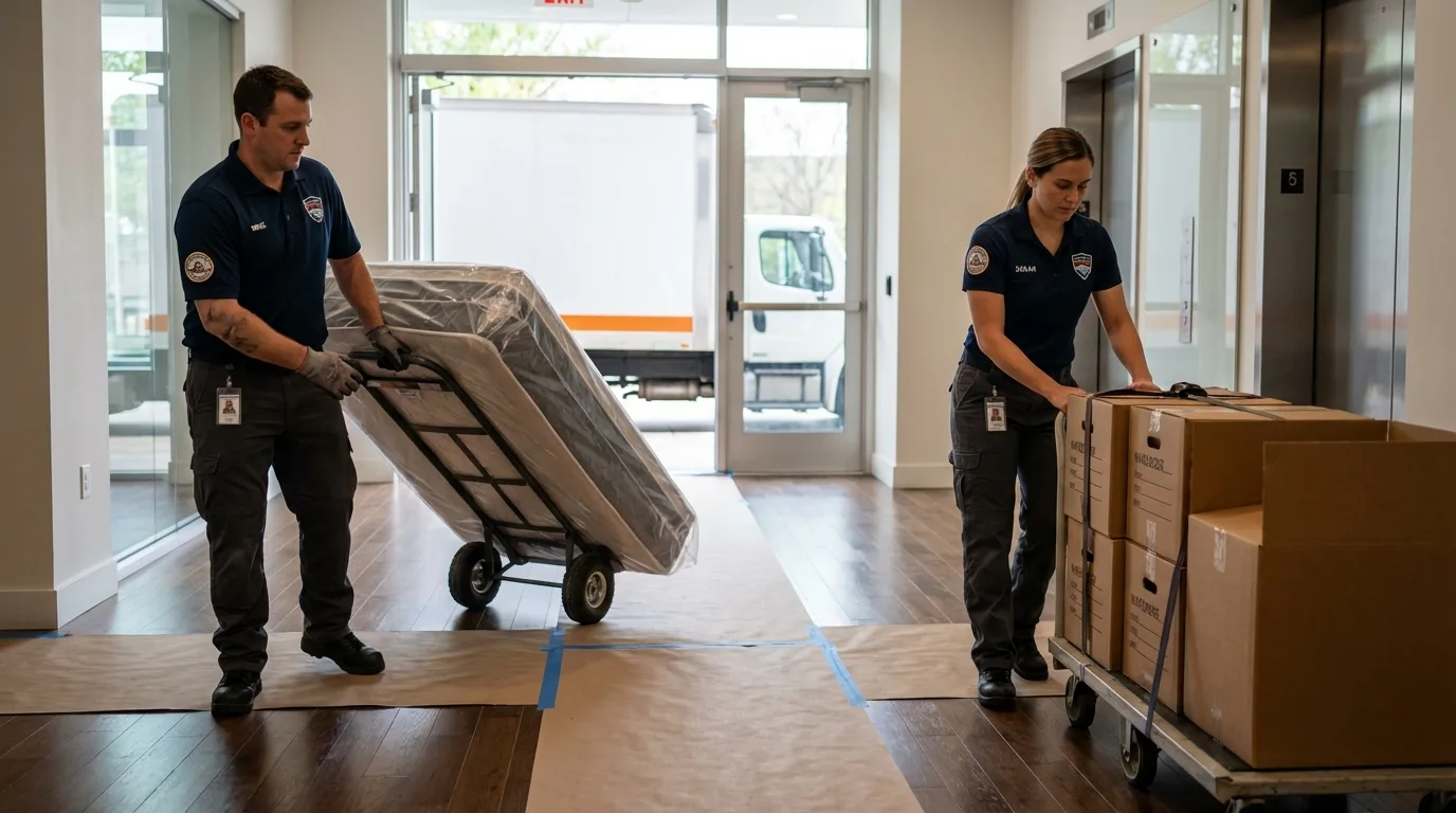 Professional apartment movers loading elevator in Lamont, CA