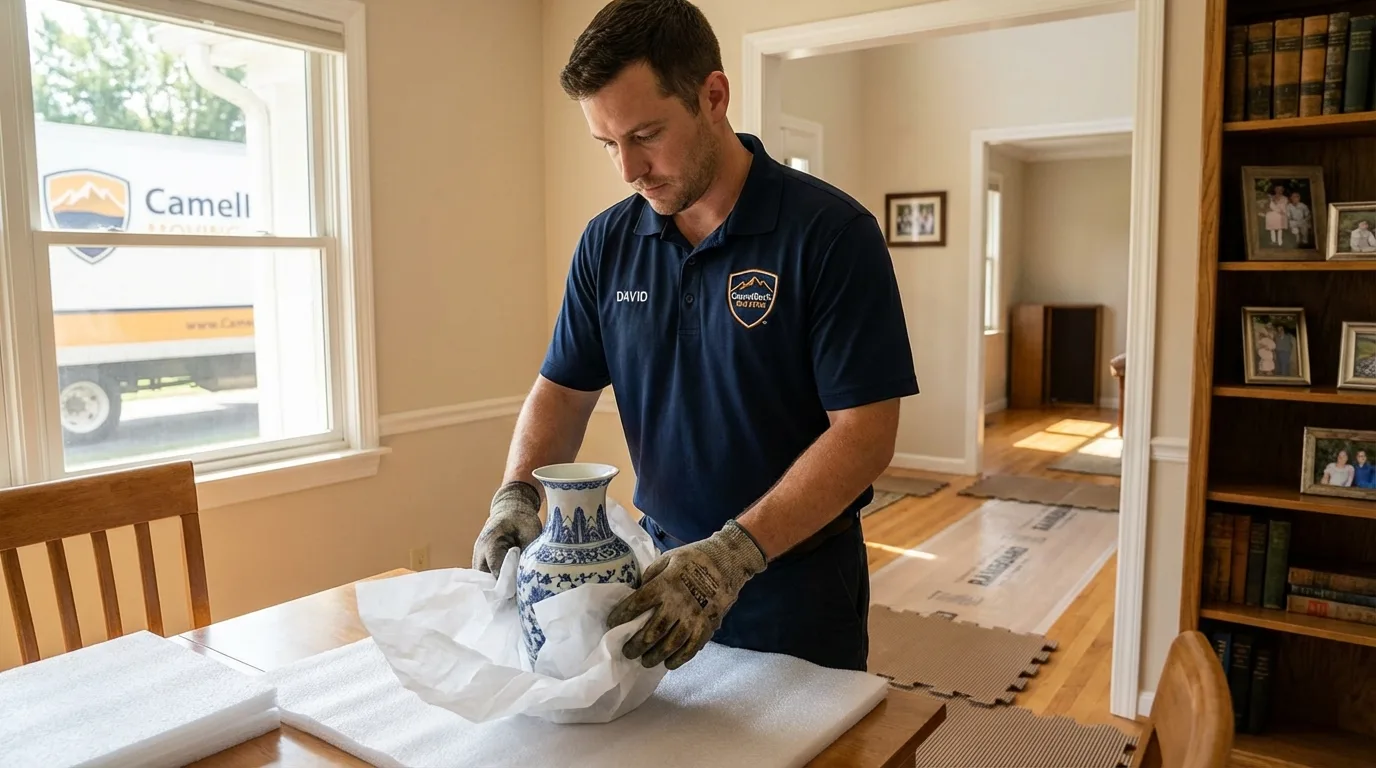 Professional crew carefully wrapping antique vase for senior downsizing move in Lamont, CA
